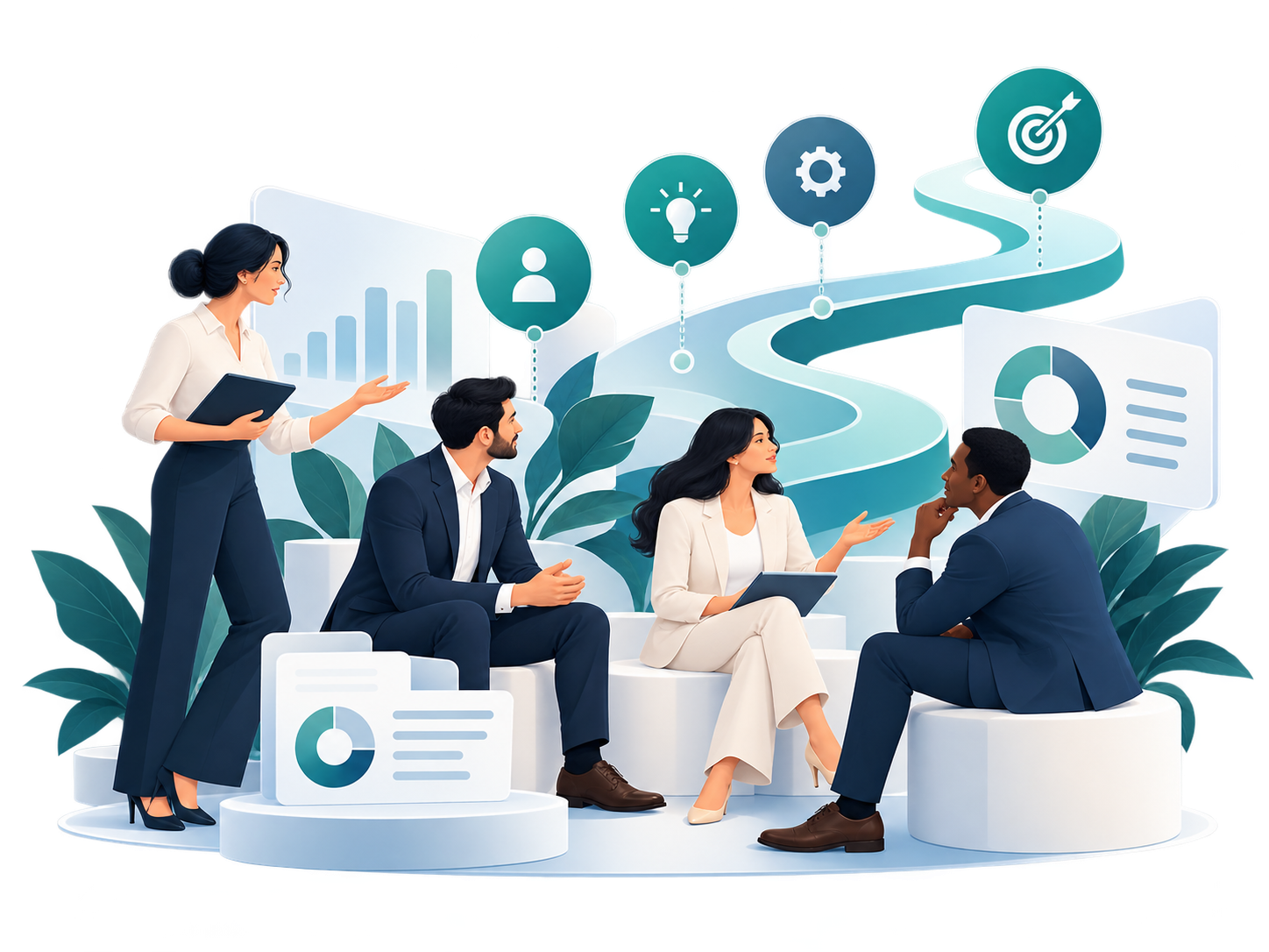 Conceptual illustration of a client-centred strategy discussion and roadmap.