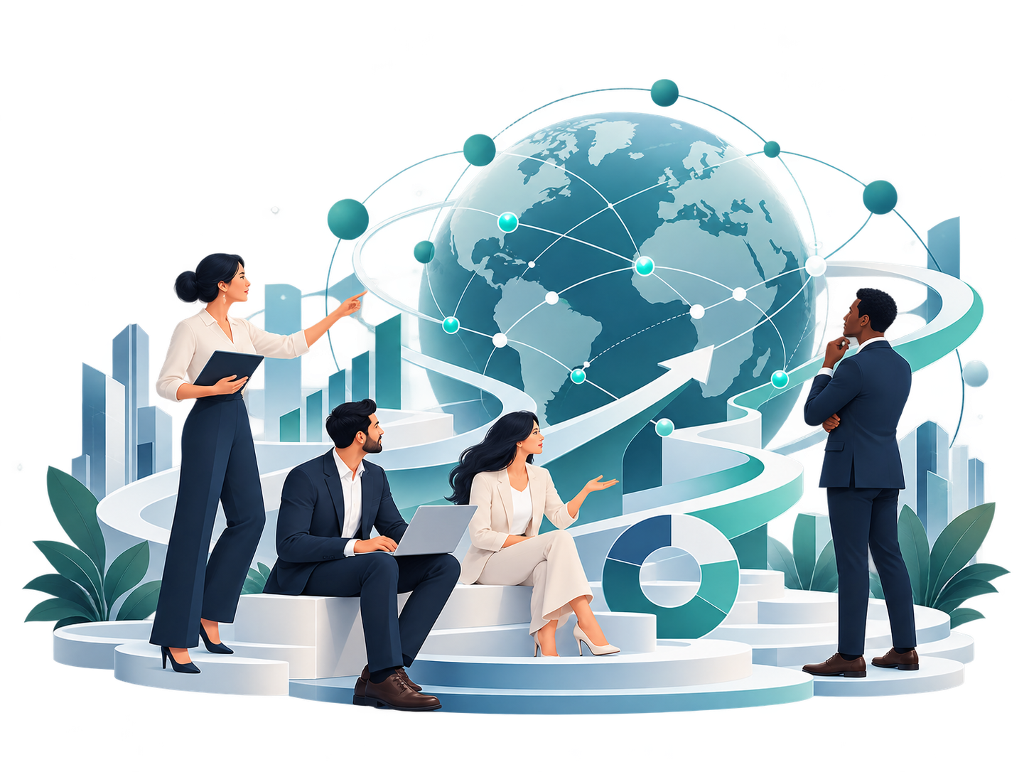 Conceptual illustration of international connectivity, strategy and coordinated growth.